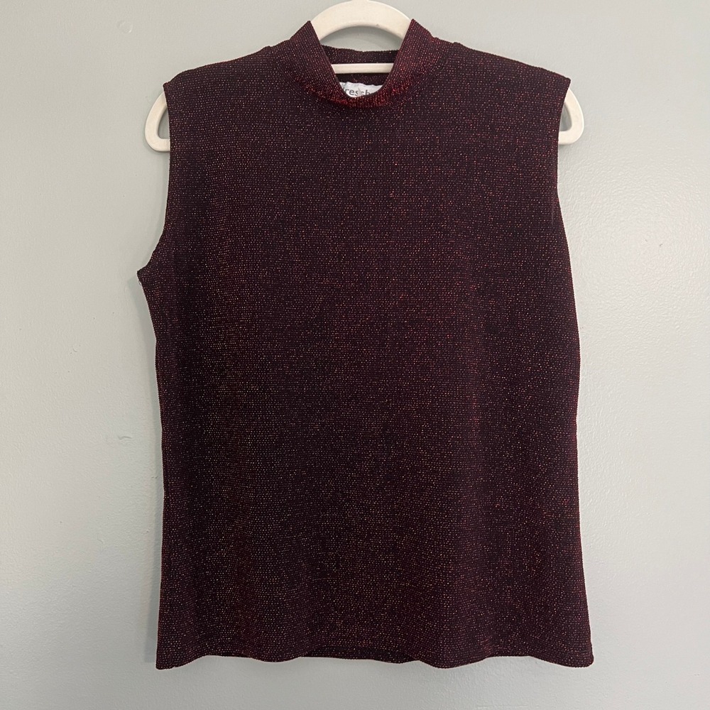 Dressbarn VTG red Metallic knit Mock Neck Sleeveless Top Large dark romance